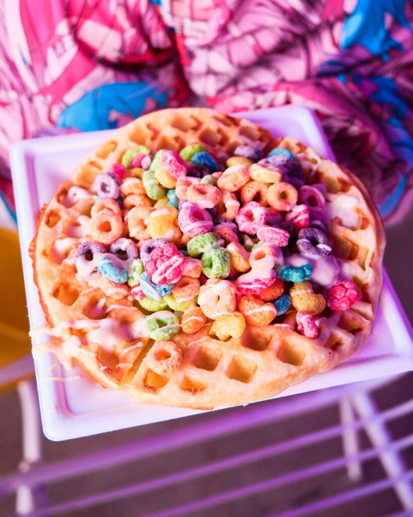 waffle topped with Fruit Loops cereal.