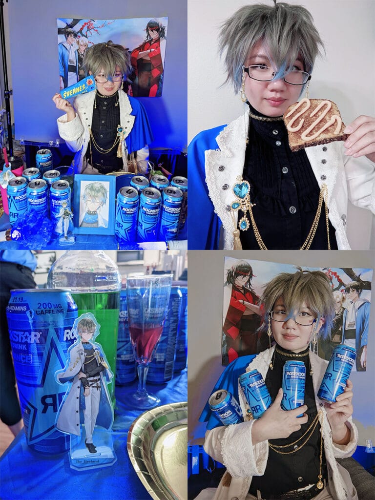 top left: sitting with Rockstar cans. top right: selfie with caviar toast. bottom left: Ike Eveland acrylic stand in front of drinks. bottom right: holding a bunch of Rockstar cans.