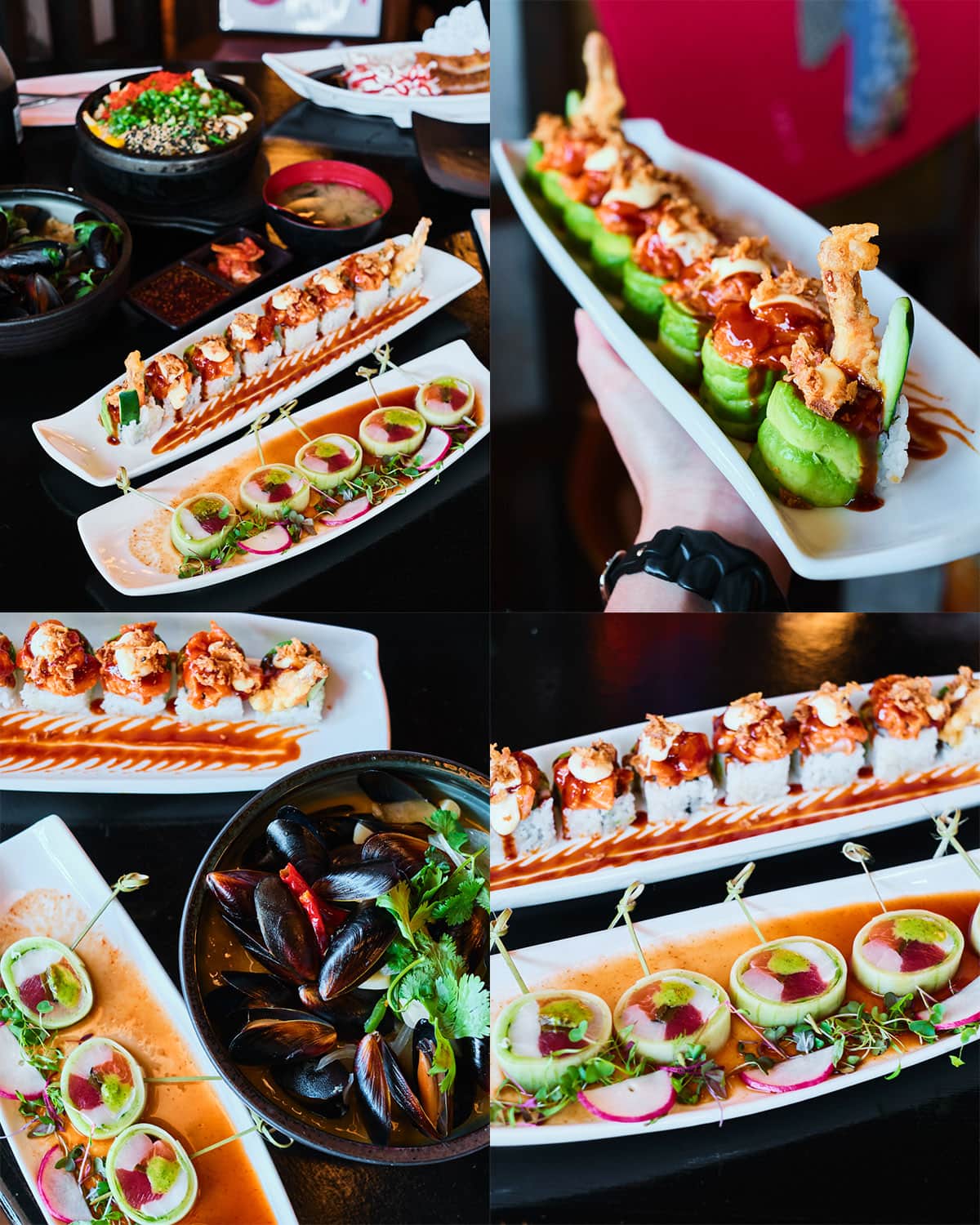 collage of new menu items: lollipop sushi roll, Viking sushi roll, and drunken mussels.