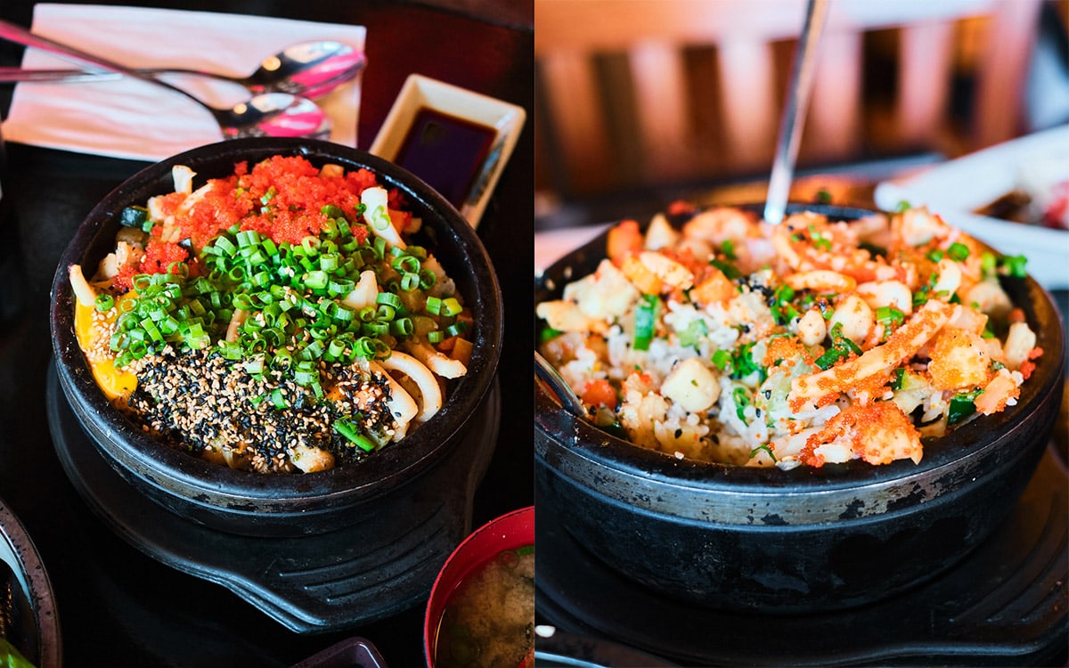 seafood bibimbamp rice bowl before and after being mixed.