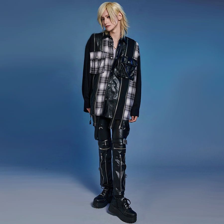 model wearing asymmetric plaid shirt and leather pants by CIVARIZE.