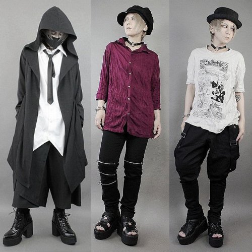 collage of three punk outfits by Deorart. first outfit has long white shirt paired with long black cardigan and wide black pants. second outfit has red button up shirt with zipper pants. third outfit has white graphic t-shirt and black jodhpurs pants.