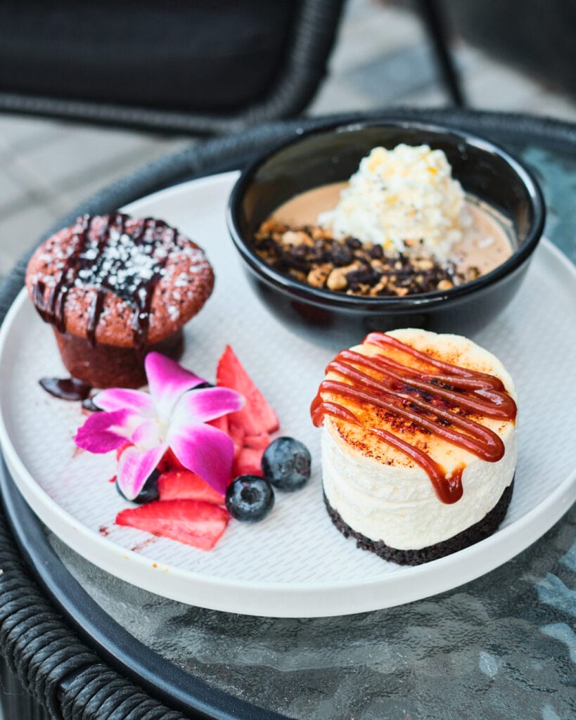 dessert trio plate with cheesecake, lava cake, and panna cotta.