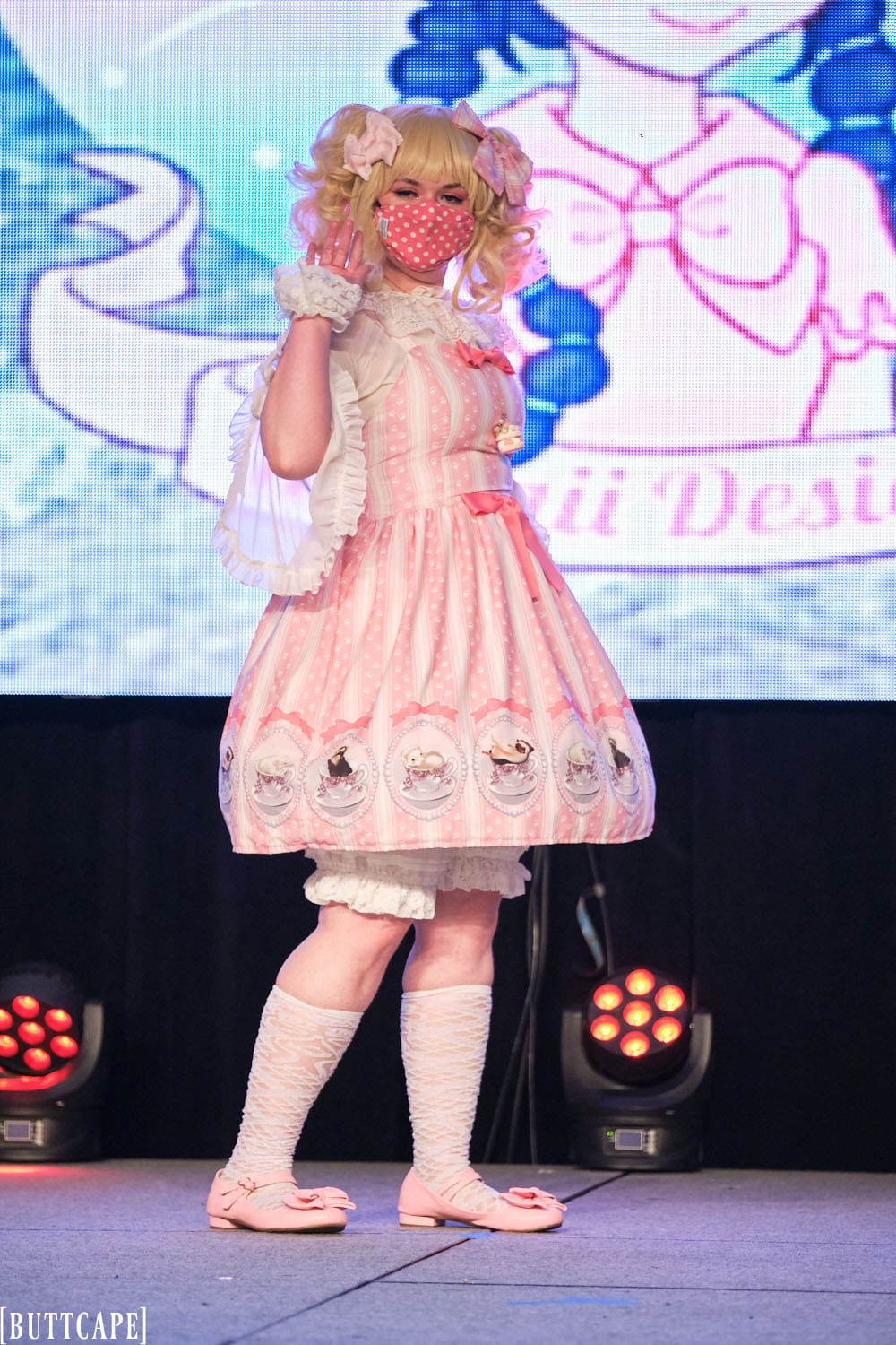 Kittykaya model 4 wearing pink lolita dress with tea cup theme and polka dot fabric - full body 2.