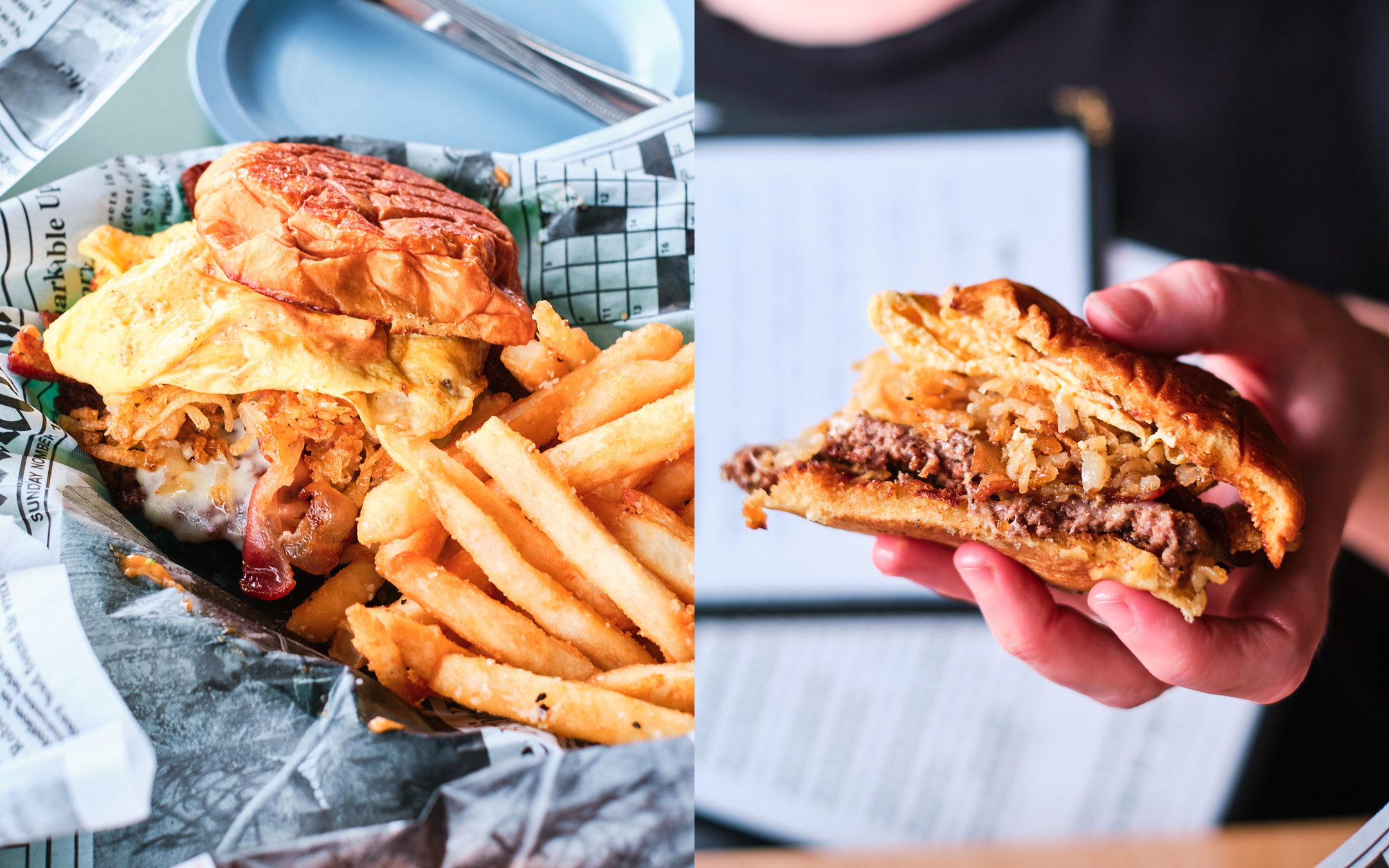 2 photo collage of breakfast hamburger.