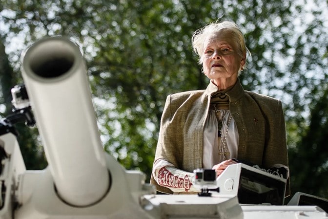Vivienne Westwood standing on a tank.