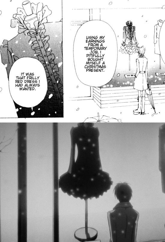 Nana manga panel vs anime screenshot: Nana O. looks at the red dress through shop window.