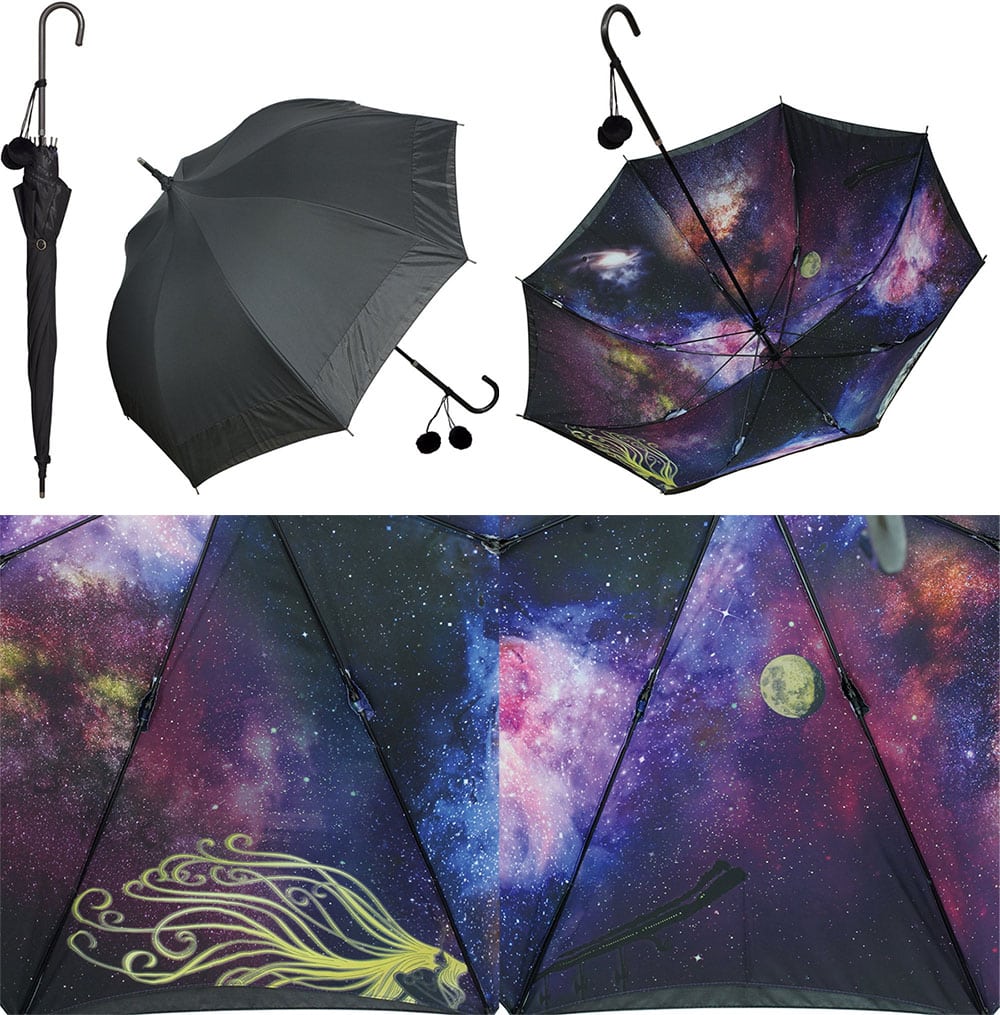 Maetel inspired parasol with printed galaxy lining, character, and the Galaxy Express 999.