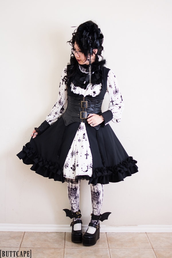 Layered gothic lolita outfit with black overdress JSK over Holy Lantern print dress.