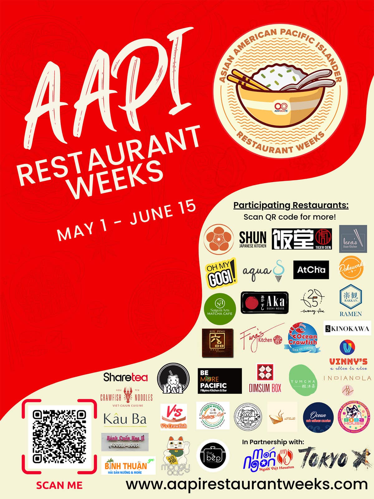Houston AAPI restaurant weeks main promo image with list of restaurants.