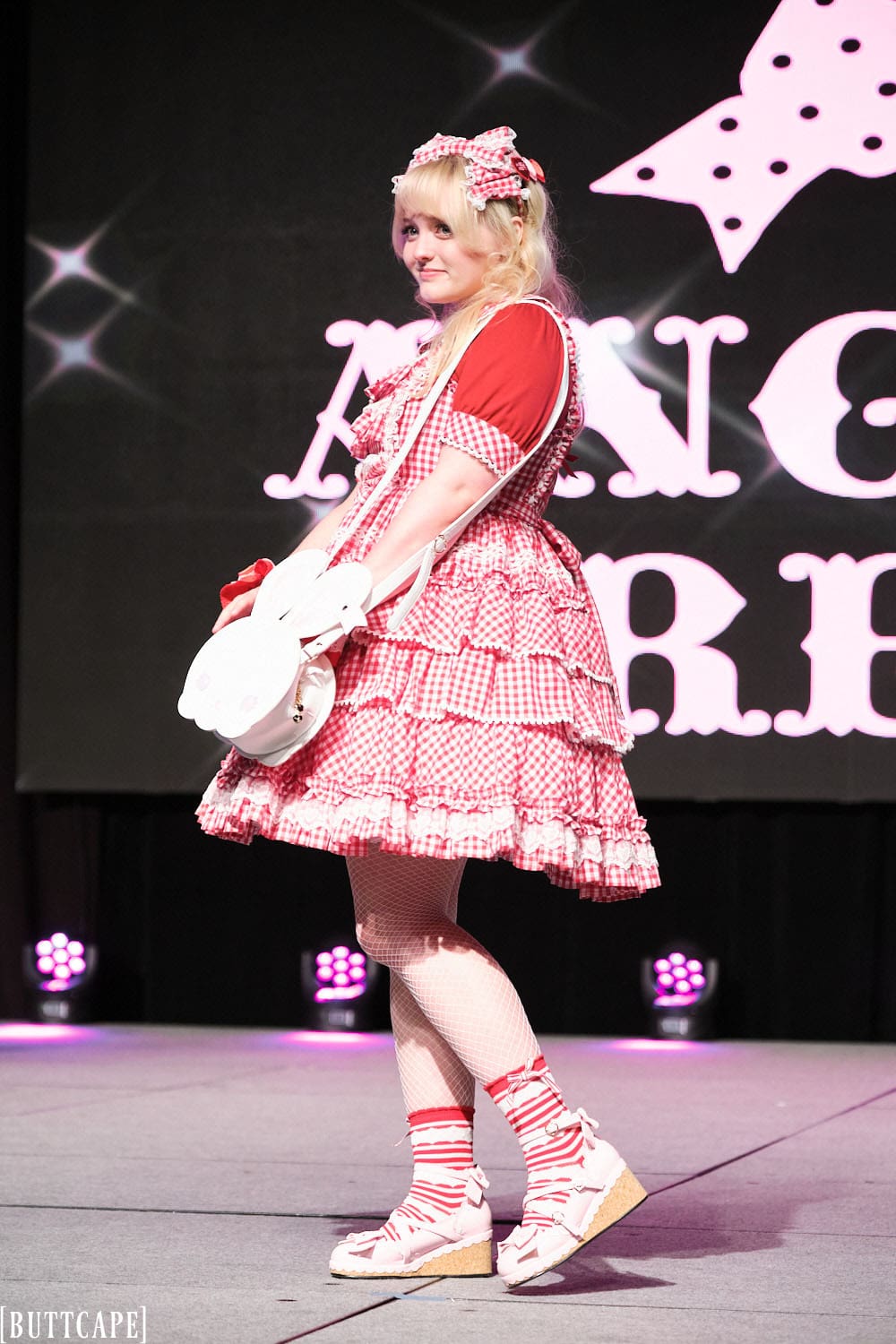 Model 10 wearing red and white gingham lolita dress - full body 1.