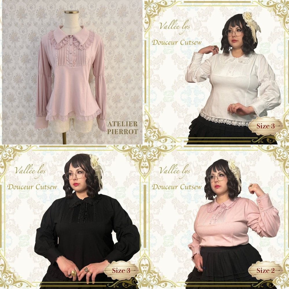Douceur cutsew by Vallee Lys (Atelier Pierrot sub-brand). Collage showing pink, white, and black colorways and different sizes 1, 2, and 3.