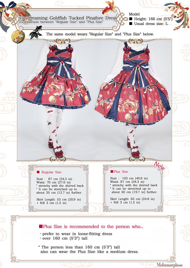 Comparison between regular size and plus size lolita dresses by Metamorphose. Graphic shows the regular size and plus size dress on the same model side-by-side.