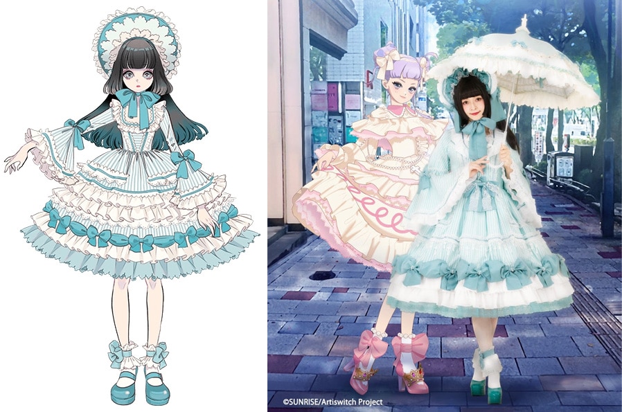 Artiswitch character Ruru's white and mint lolita design next to Metamorphose's real life interpretation.