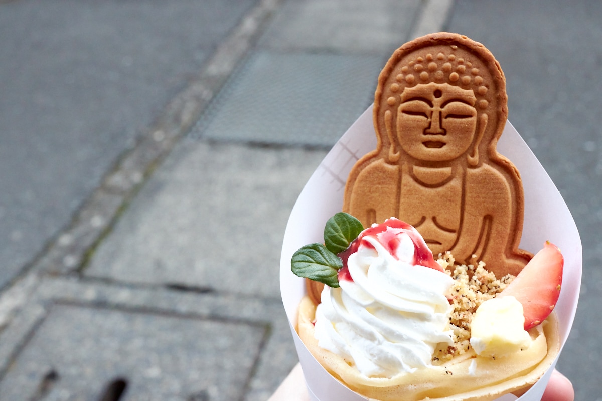KANNON COFFEE kamakura crepe with strawberries, banana, whipped cream, and famous Kannon cookie