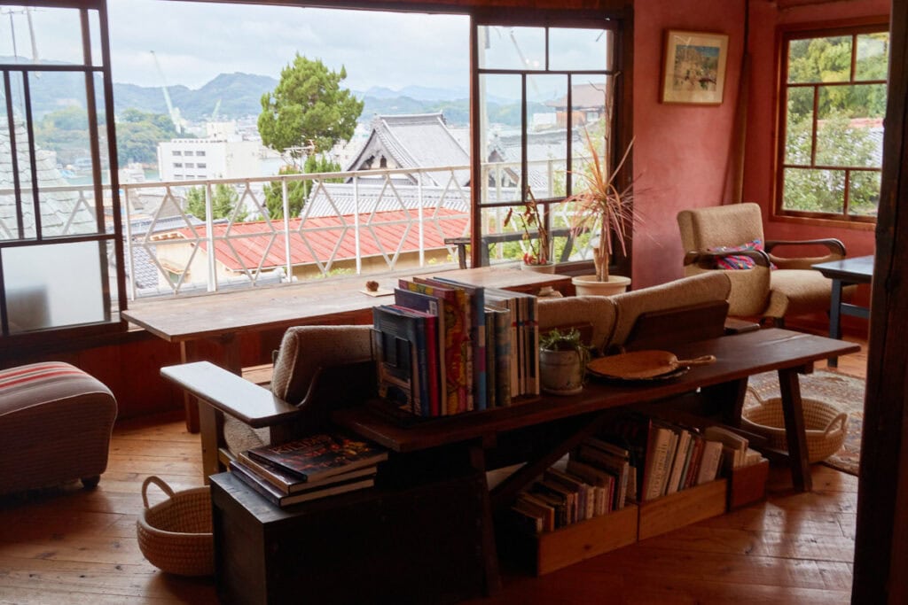 View of cafe seating facing the Onomichi view