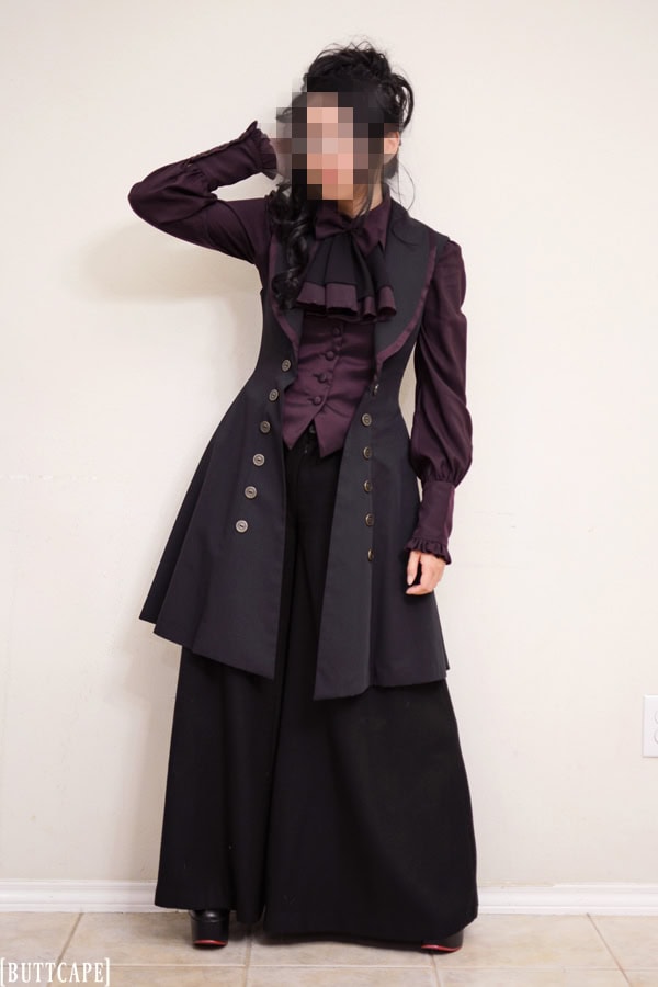 Gothic aristocrat outfit using black and bordeaux colors vest, long sleeve blouse, and wide pants.