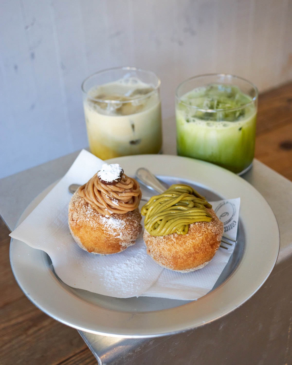 loose Kyoto hojicha latte, Matcha latte, matcha mont blanc donut, and chestnut cream mont blanc donut