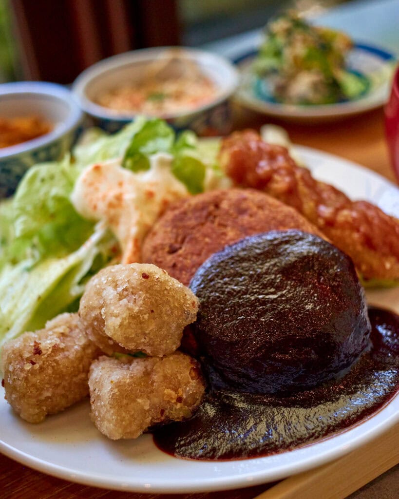 Tofu hamburger with brown sauce and okra karaage