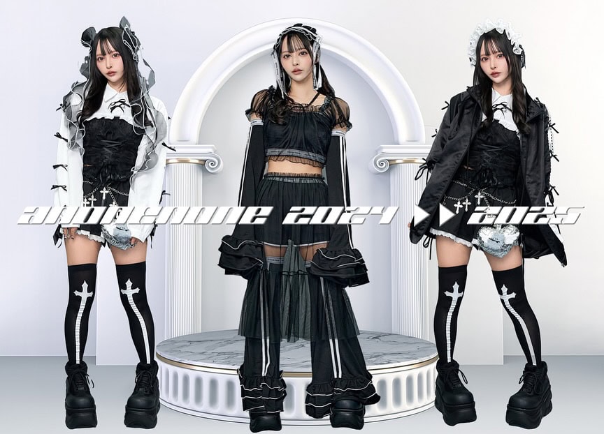 Collage of 3 models wearing Anonenone outfits in black and white. The text is "Anonenone 2024-2025."