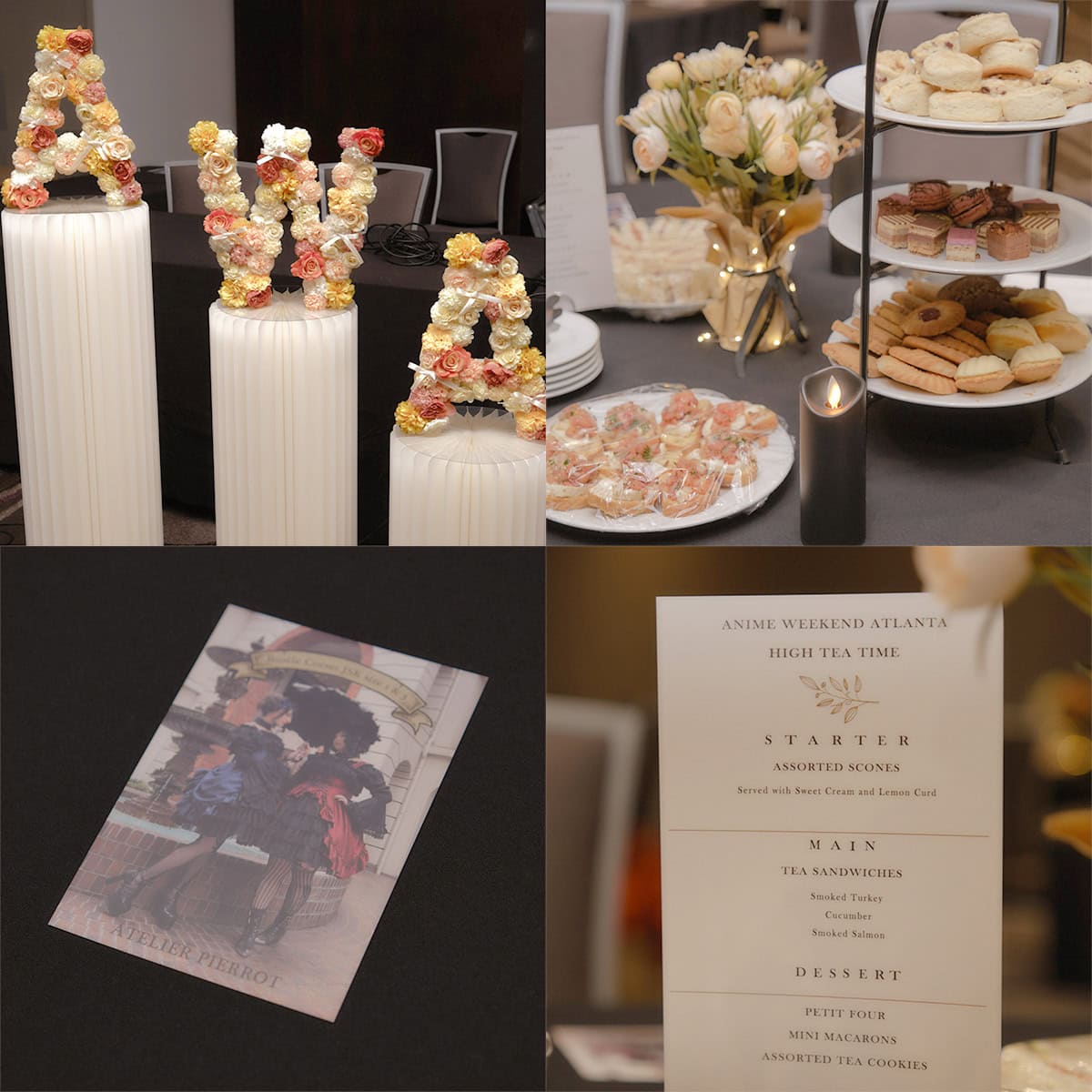 Collage of tea party decorations. Top left: floral arrangement letters spelling "AWA". Top right: Savory and sweet afternoon tea items on plates and tiered tray. Bottom left: Atelier Pierrot postcard on table. Bottom right: Tea menu for the event.