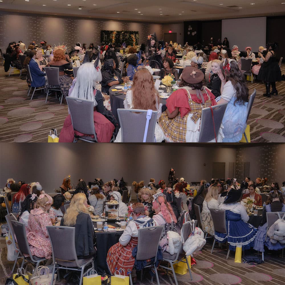 Collage of tea party attendees sitting at table from 2 different angles.