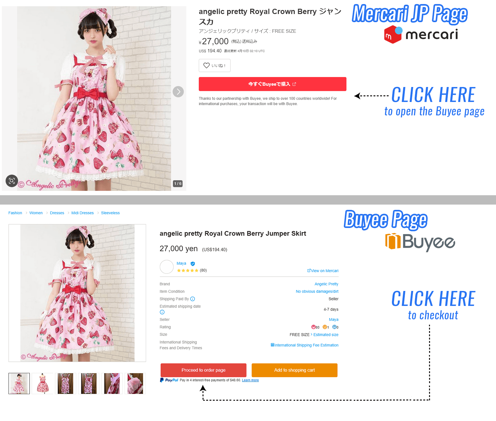 Top image is a screenshot of a Mercari Japan listing of a lolita dress. The bottom image is the same page translated into English on Buyee's website.