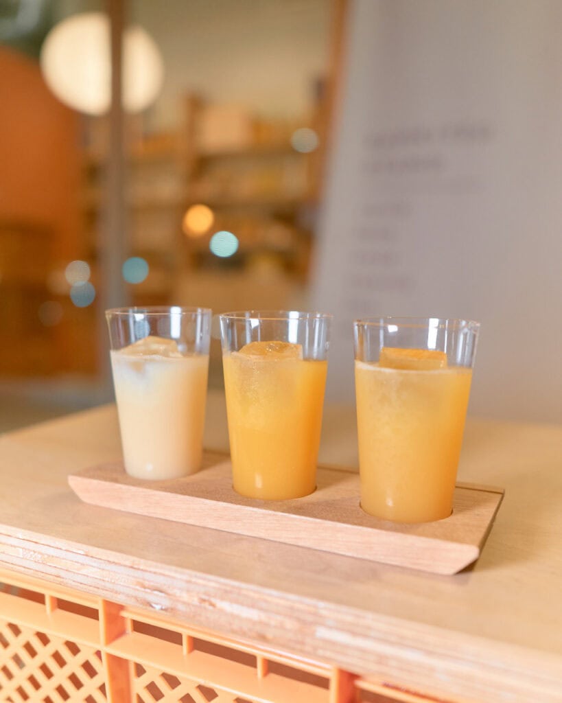 Orange juice flight in Onomichi, Japan with juice from local orange varieties