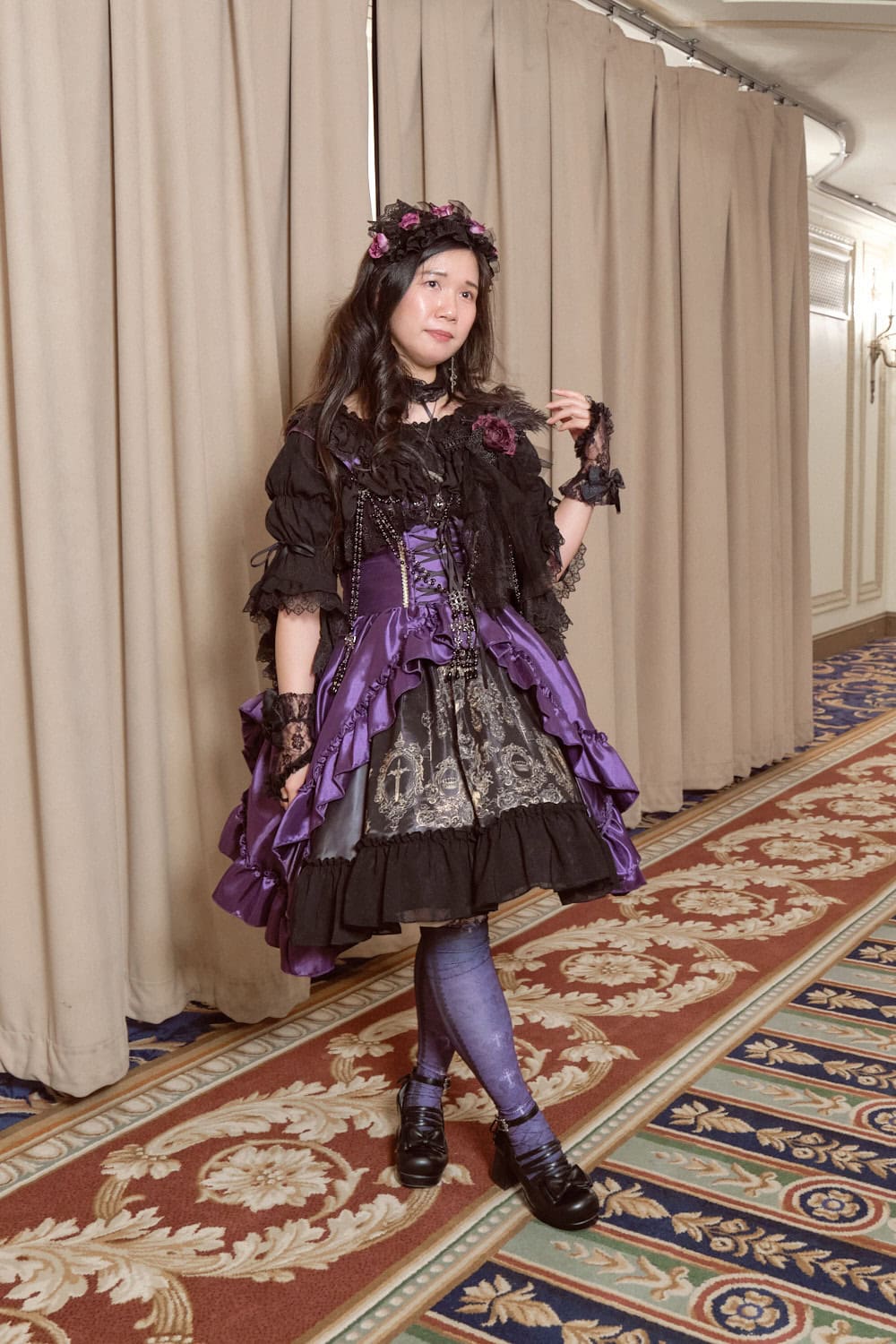 Gothic lolita wearing Atelier Pierrot and Haenuli collaboration dress in purple.