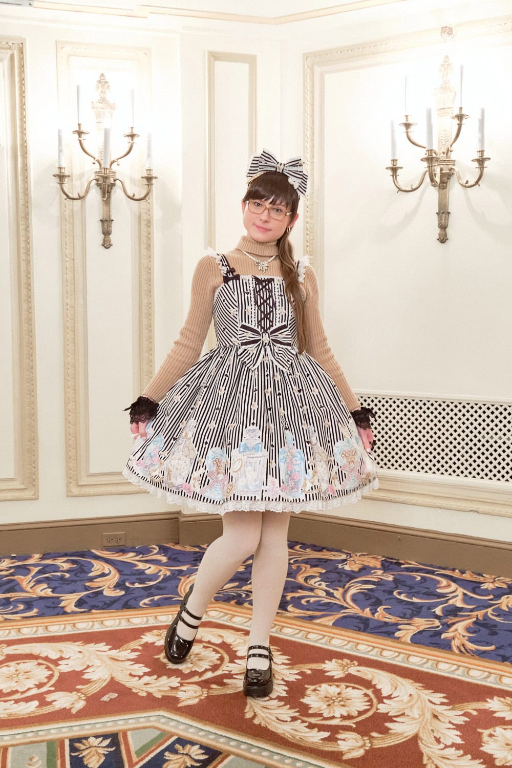 Sweet lolita wearing striped perfume print dress by Angelic Pretty on top of turtleneck.