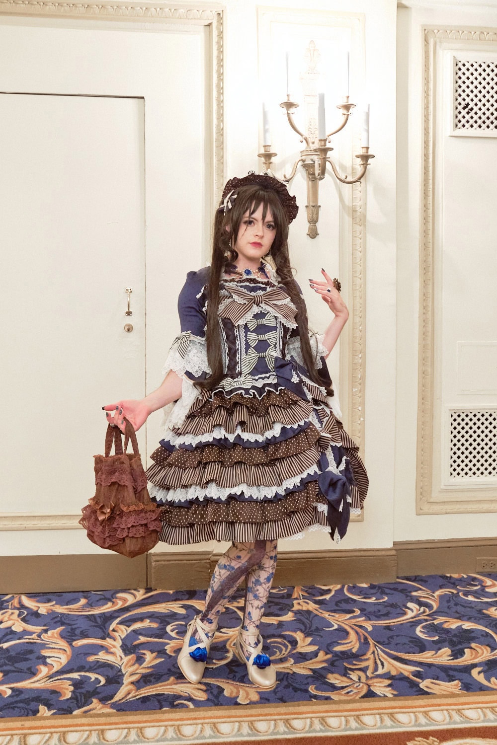 Sweet lolita wearing brown and navy over the top dress from Baby, the Stars Shine Bright.