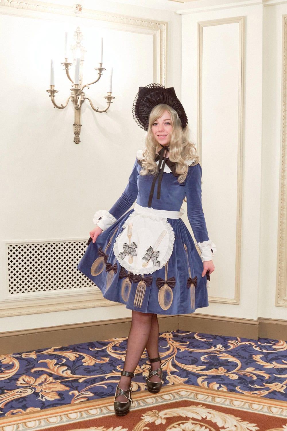 Classic lolita cat bonnet, cutlery print velveteen dress, and white cutlery apron by Vierge Vampur.