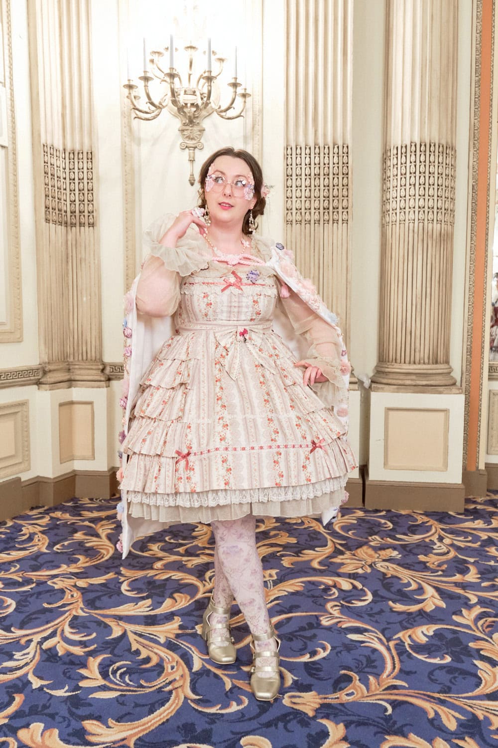 Classic lolita wearing floral print dress with handmade cape.