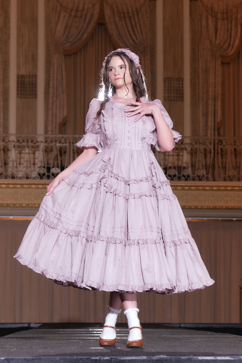 Model 14 wearing pale purple classic short sleeve lolita dress by Axes Femme Kawaii.