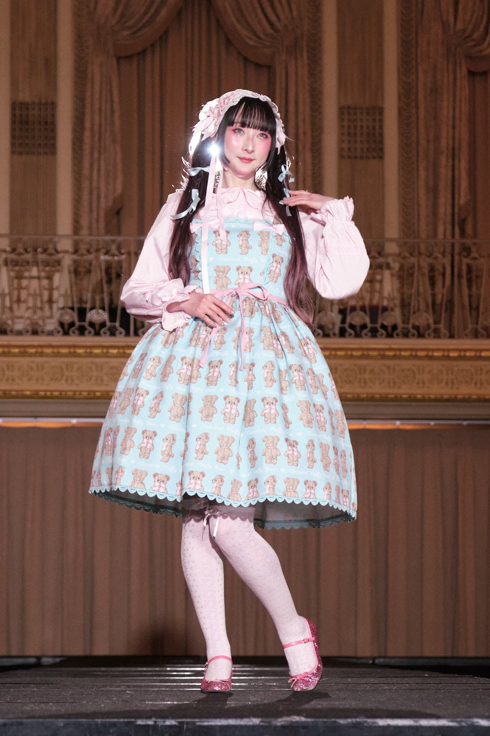 Model 20 is RinRin Doll wearing mint green and pink teddy bear print dress by Axes Femme Kawaii.