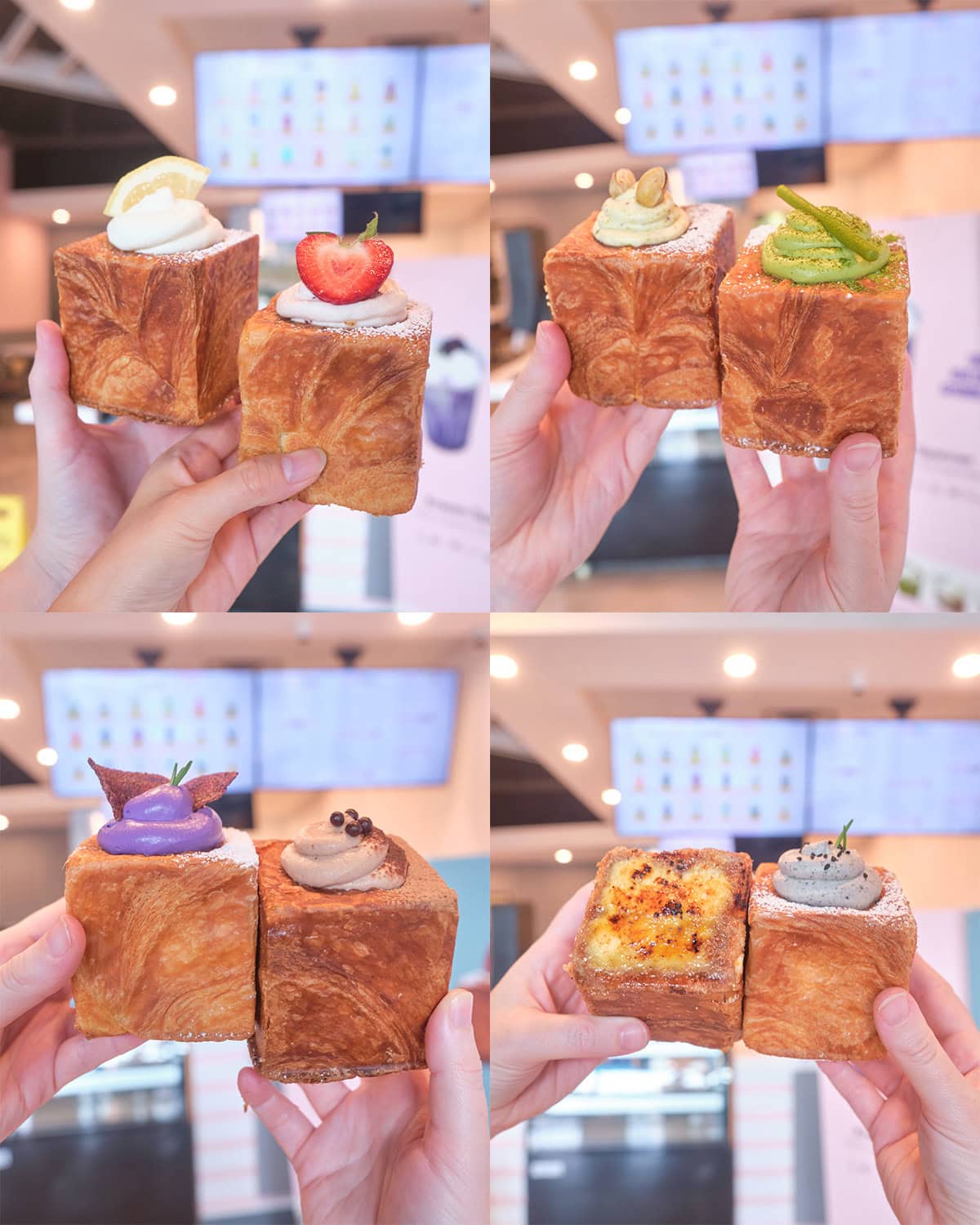 2x2 collage of all cube croissants held in hands.