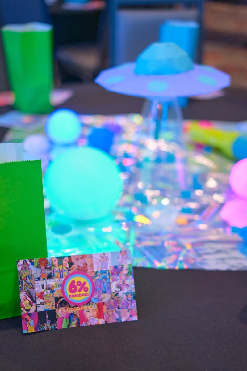 6%dokidoki post card in front of space themed centerpiece.