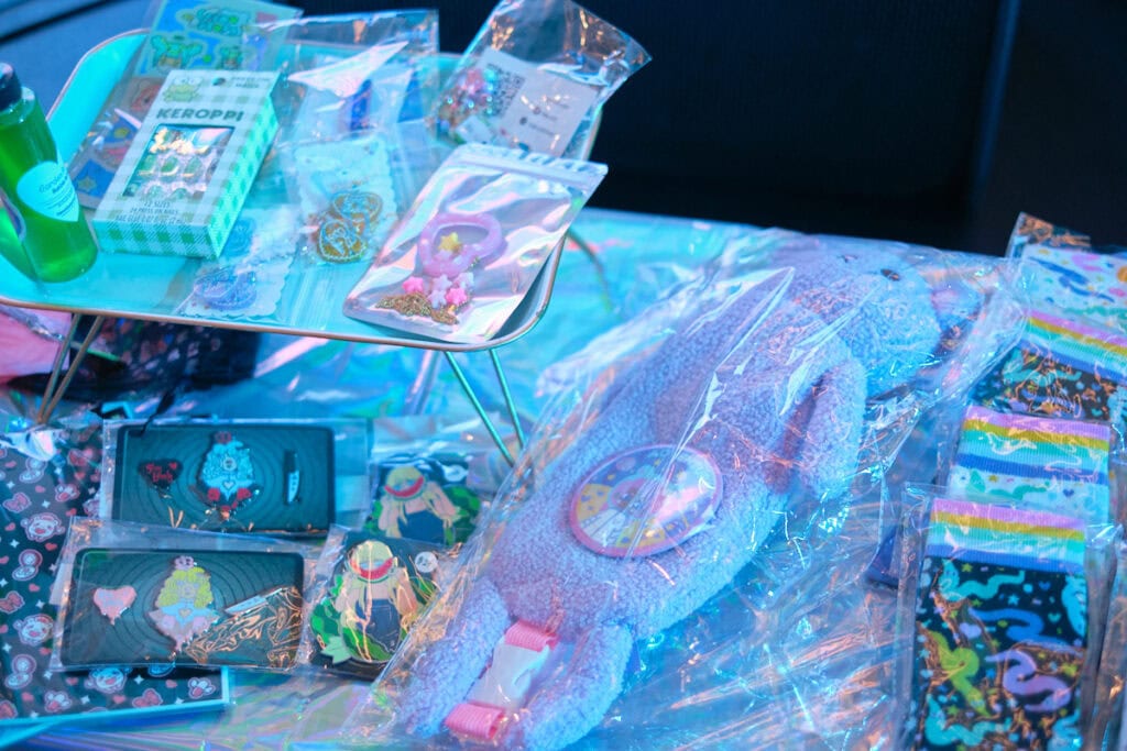 Various raffle prizes on table.
