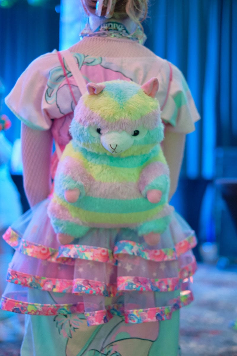 Pastel striped alpaca backpack on wearer's back.