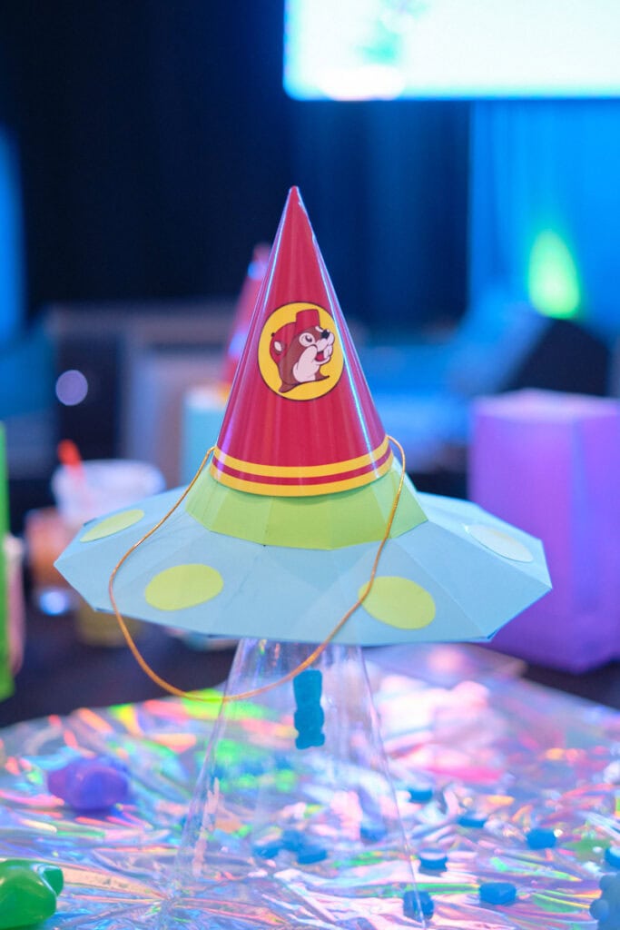 Buc-ee's party hat on top of UFO centerpiece.
