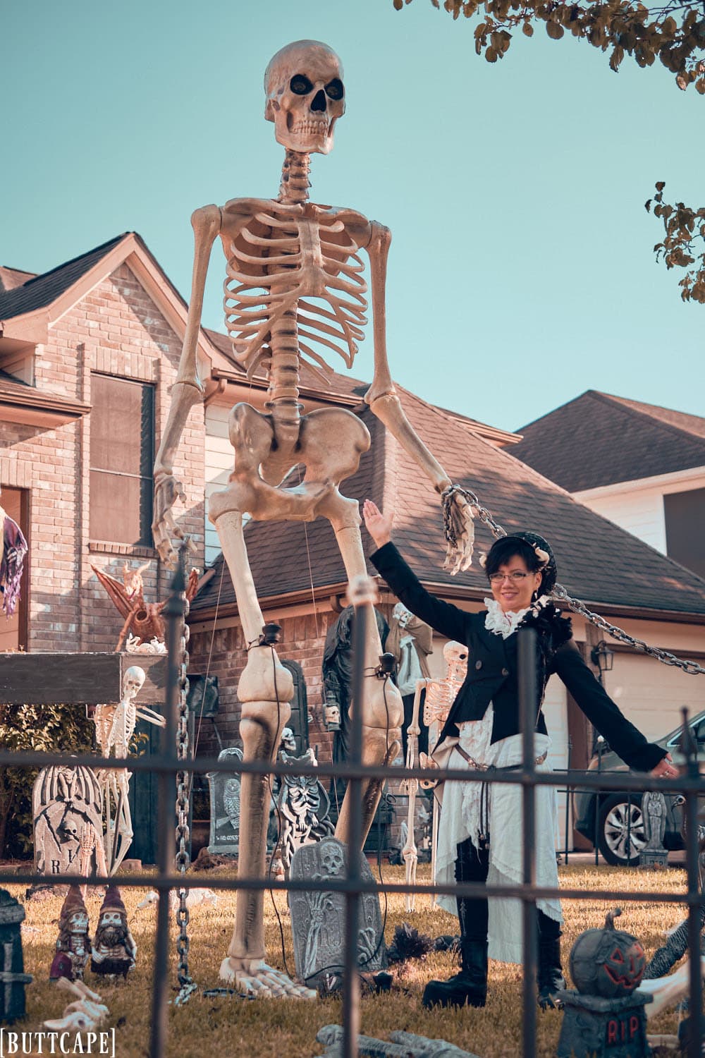 Stephano standing excitedly on the right of the 12 ft skeleton.