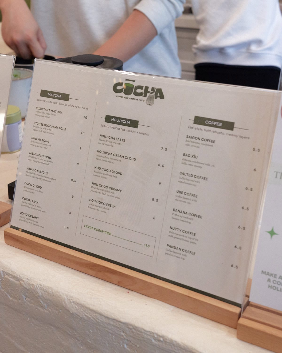 cocha menu with matcha, houjicha, and coffee sections