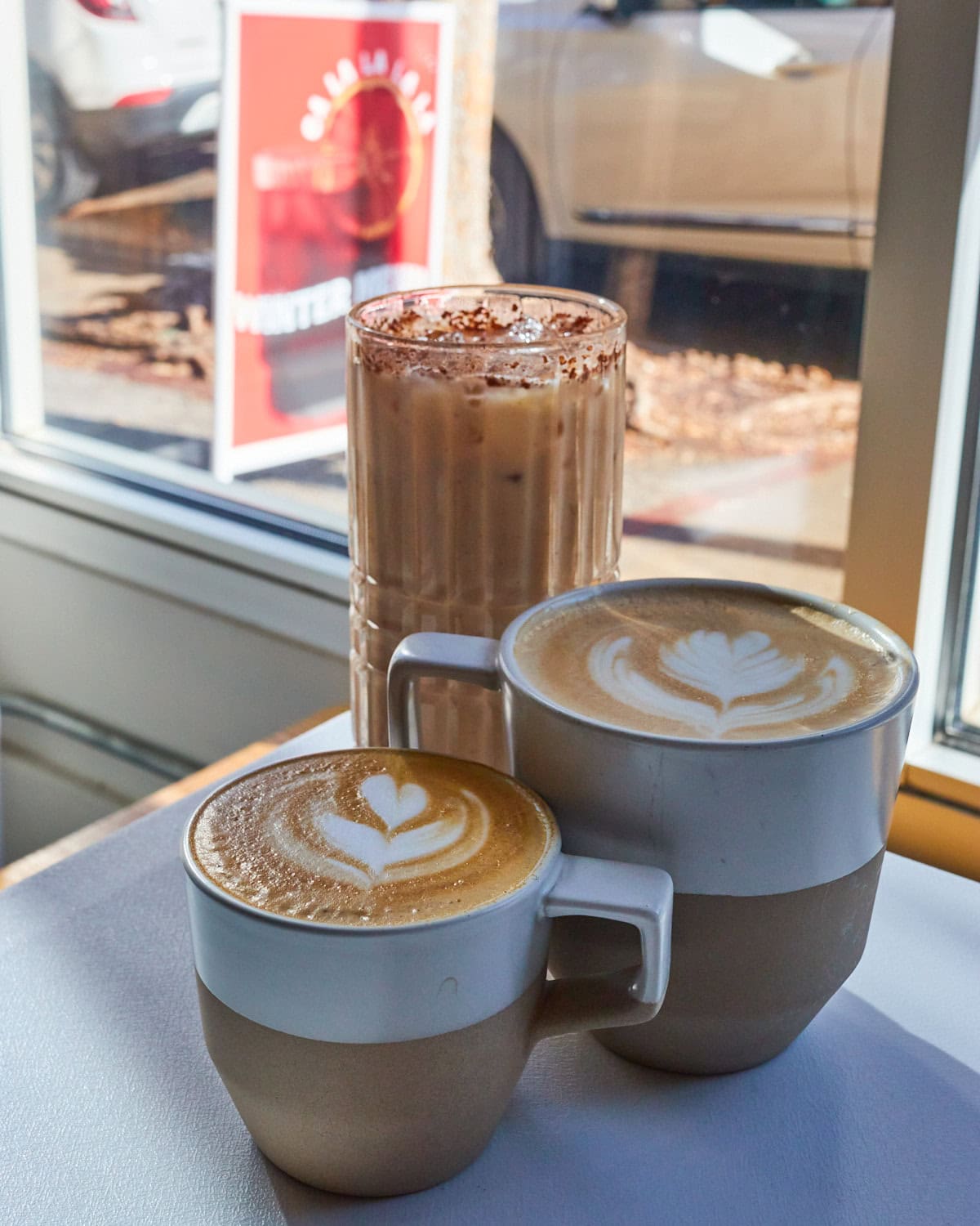 Cala coffee flat white, latte, and chai latte