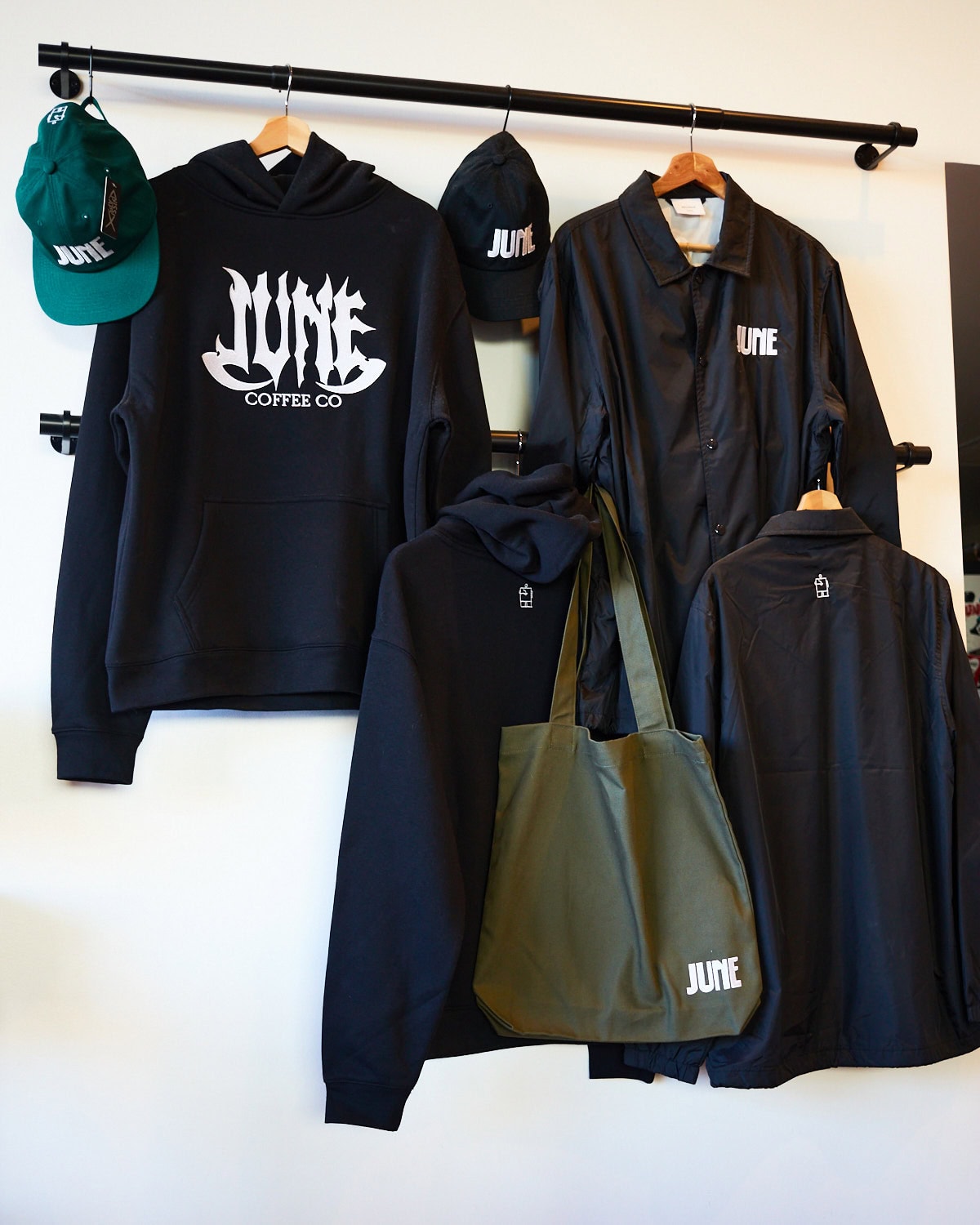 JUNE Coffee street wear inspired hats, hoodies, jackets, and tote bag