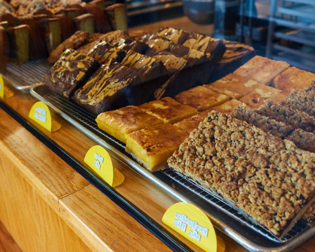 raspberry oat bar, lemon bar, and tahini brownie