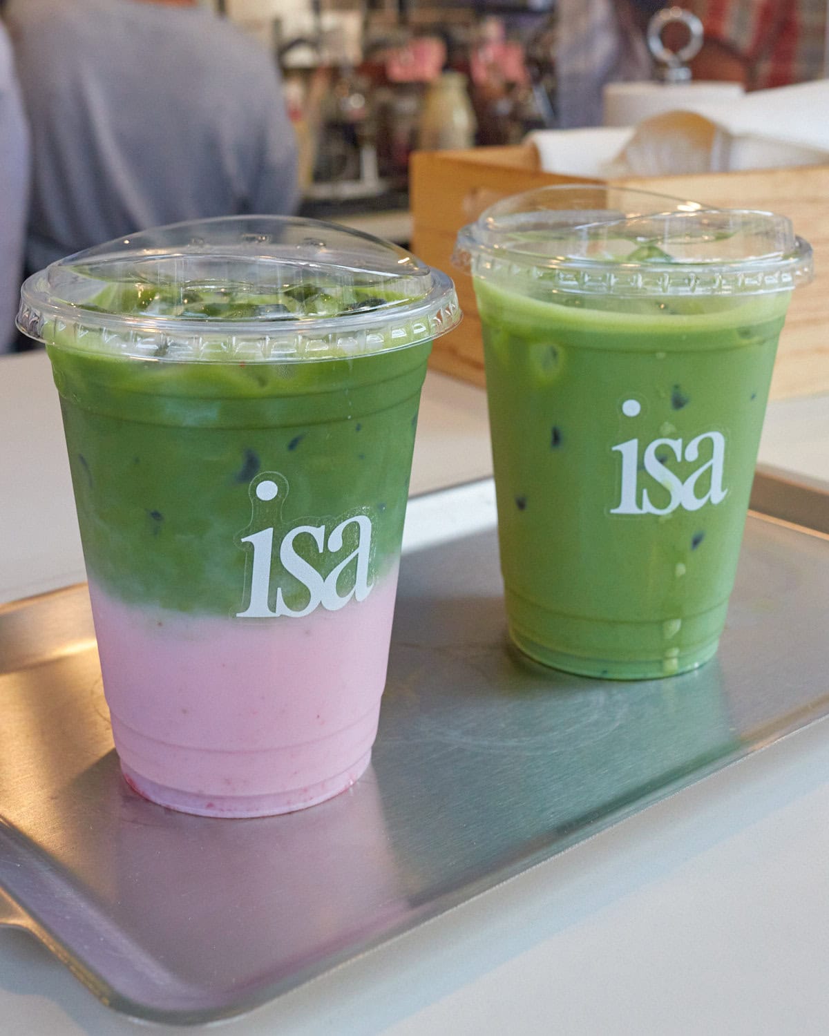isa matcha latte and strawberry latte