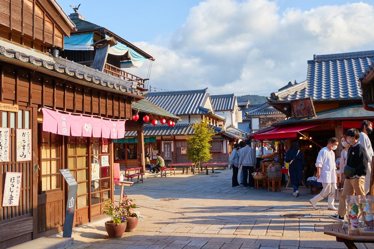 Traditional style Japanese buildings and street with restaurants