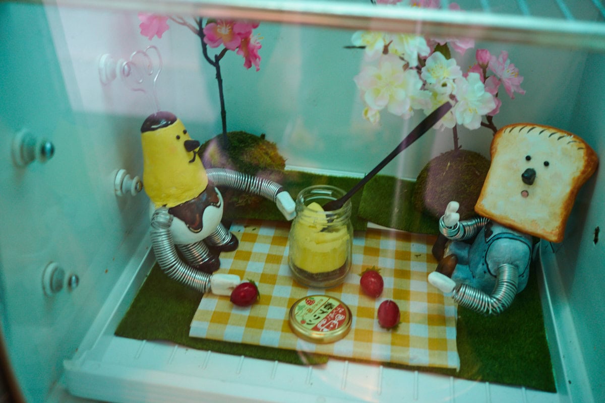 close up of pudding and pudding toast having a picnic together and sharing a pudding