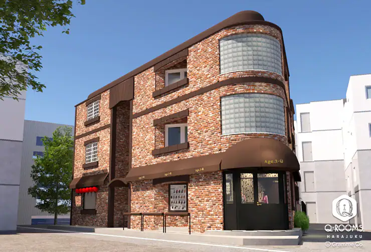 Q-Rooms. Harajuku building exterior. The building is brown and chocolate themed.