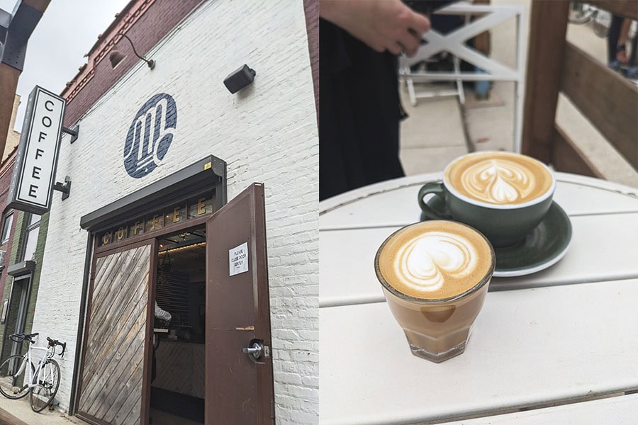 Metric Coffee in Chicago. Left photo is the shop exterior. Right photo is a cortado and latte.